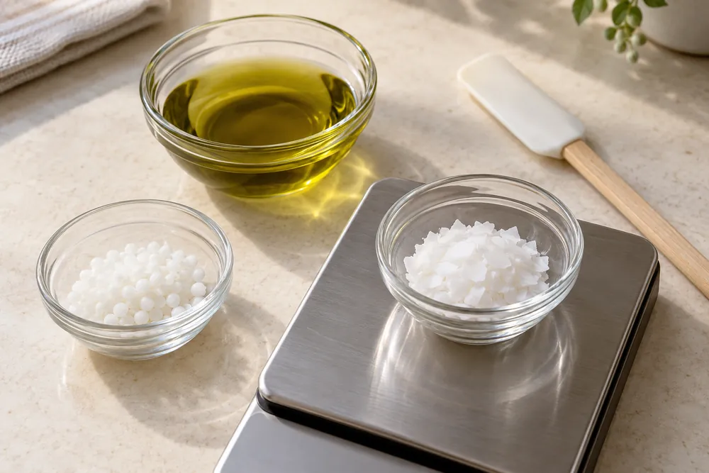 Ilustración del pesaje separado del aceite verde de cáñamo y los dos ingredientes sólidos blancos.