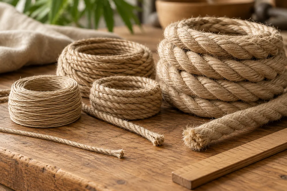 Bobinas de cuerda de fibra natural sobre una mesa de trabajo