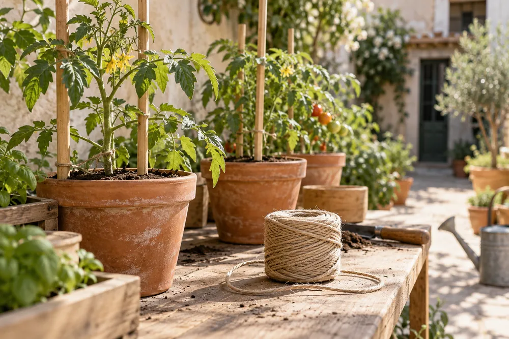 Tomateras con tutores y cordel en un huerto doméstico