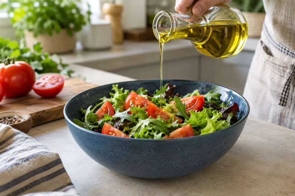Aceite de semillas vertido sobre una ensalada al servir.