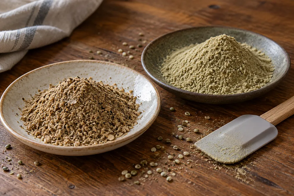 Dos texturas de polvo de cáñamo en platos de cocina.