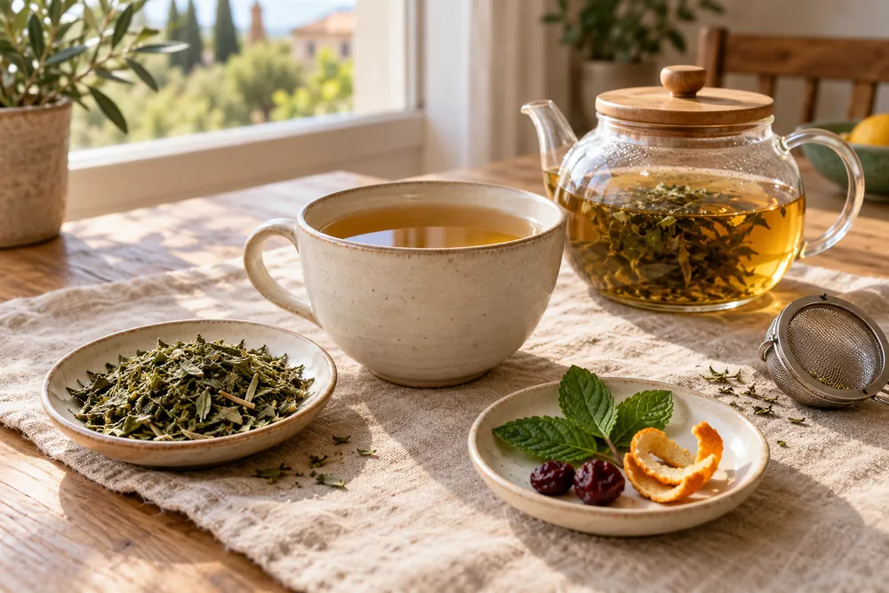 Taza de infusión ámbar junto a una tetera de cristal, hojas secas y un platito con menta, piel de naranja y dos bayas.