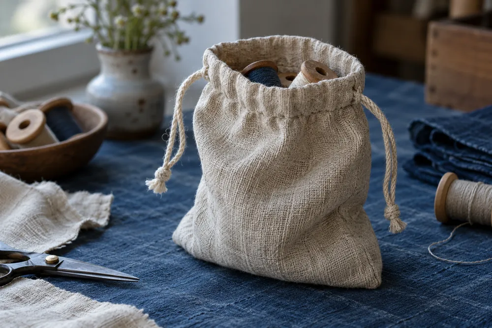 Bolsa de tela con jareta y cordón sobre una mesa de costura.