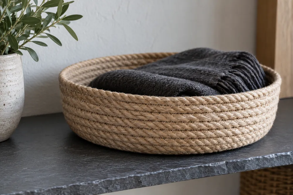 Cesta de cuerda cosida en espiral con una bufanda.