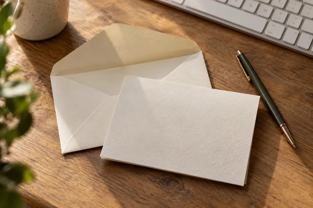 Un sobre abierto y una hoja en blanco junto a un teclado en un escritorio.