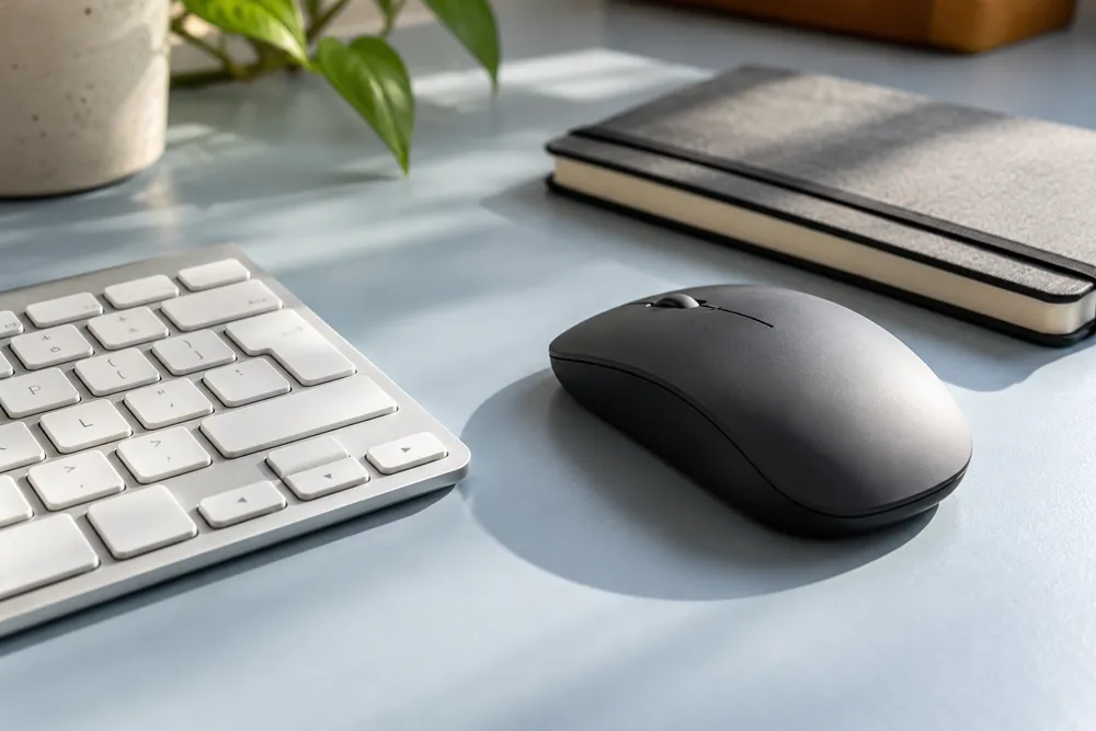 Un ratón y un teclado junto a una agenda cerrada en un escritorio luminoso.