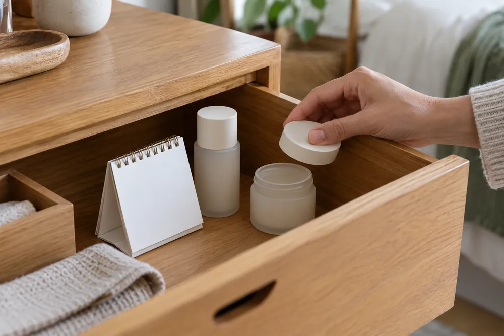 Cosméticos cerrados y ordenados en un cajón protegido de la luz.