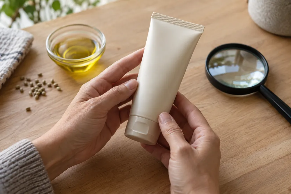 Revisión de un cosmético genérico junto a aceite de semillas y una lupa.