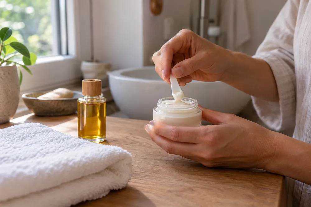 Rutina sencilla de cuidado con una crema y un aceite genéricos.