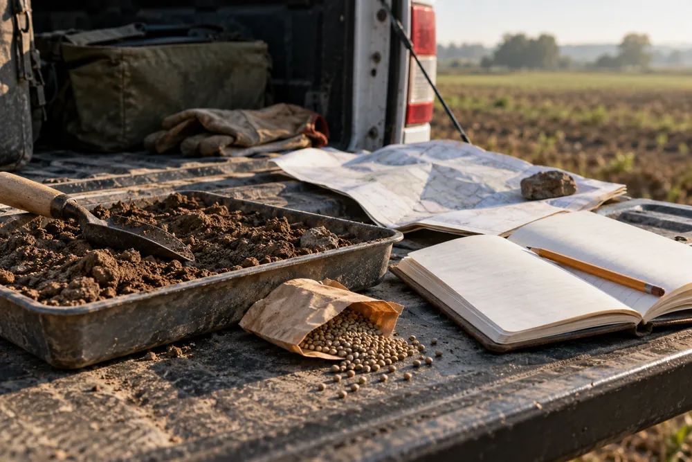 Una libreta sin texto legible, semillas y tierra de cultivo en una mesa de preparación agrícola.