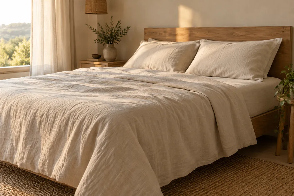 Dormitorio adulto con ropa de cama de textura natural beige, como escena editorial ilustrativa.