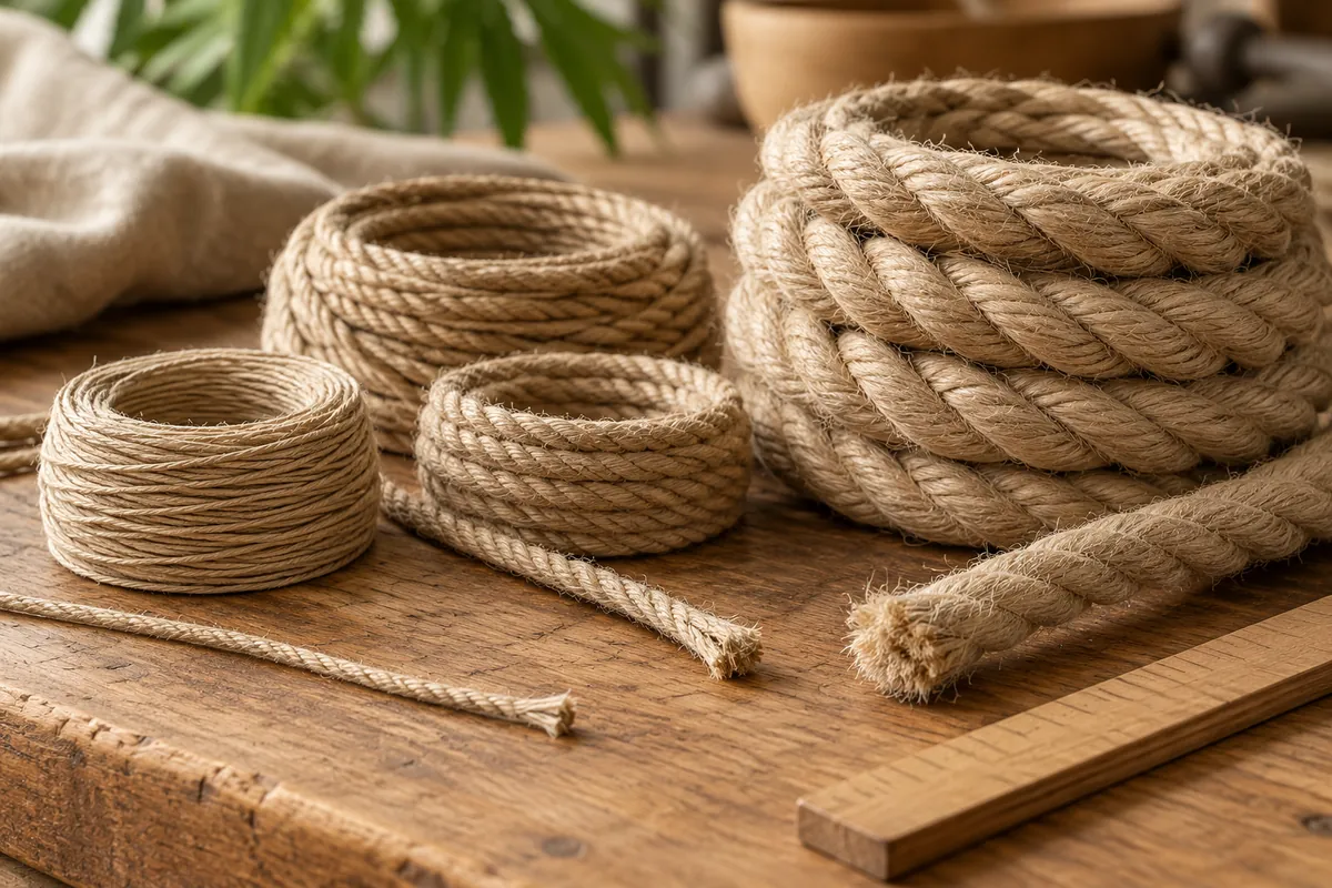 Bobinas de cuerda de fibra natural sobre una mesa de trabajo