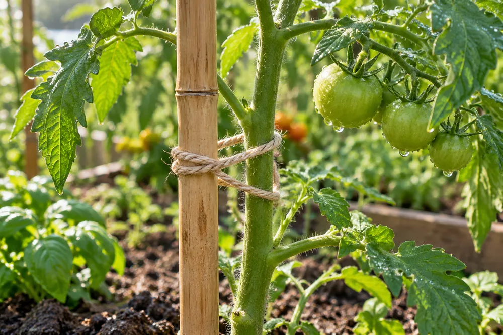 Tomatera junto a un tutor con un amarre holgado de cordel.