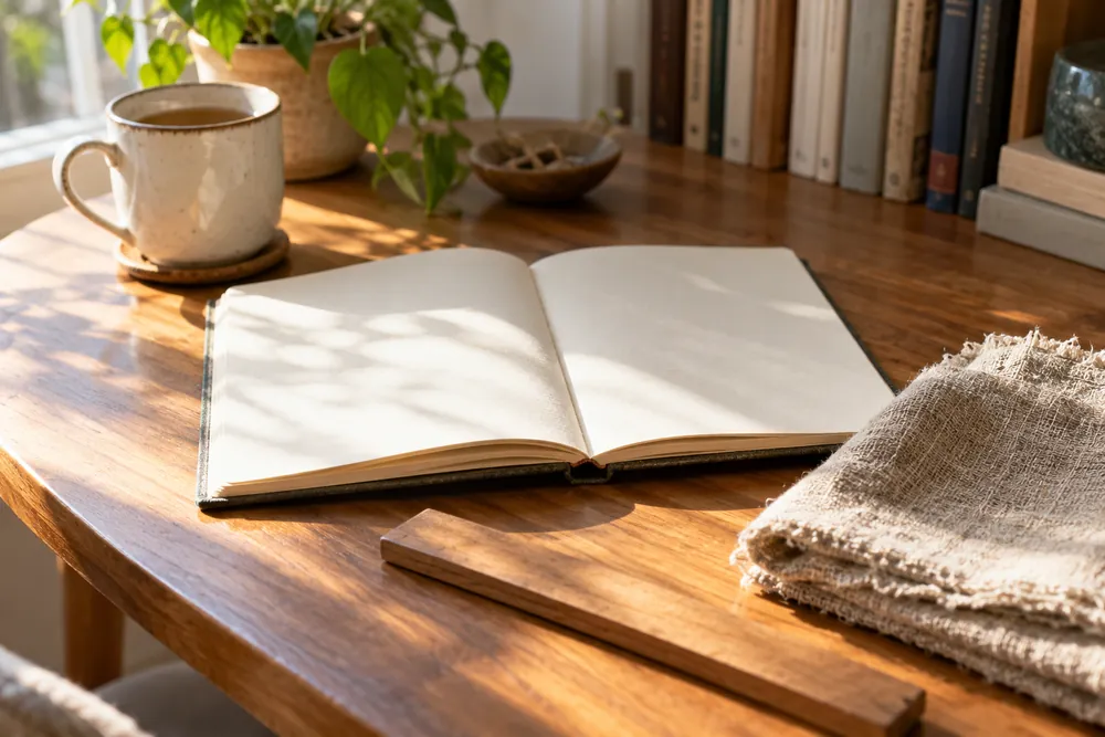 Un cuaderno abierto y muestras textiles sobre una mesa de lectura.