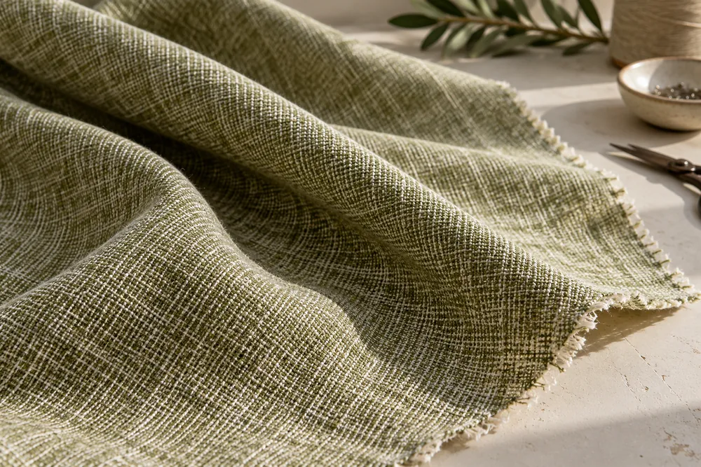 Ilustración del material: tejido chambray verde oliva con hilos claros.