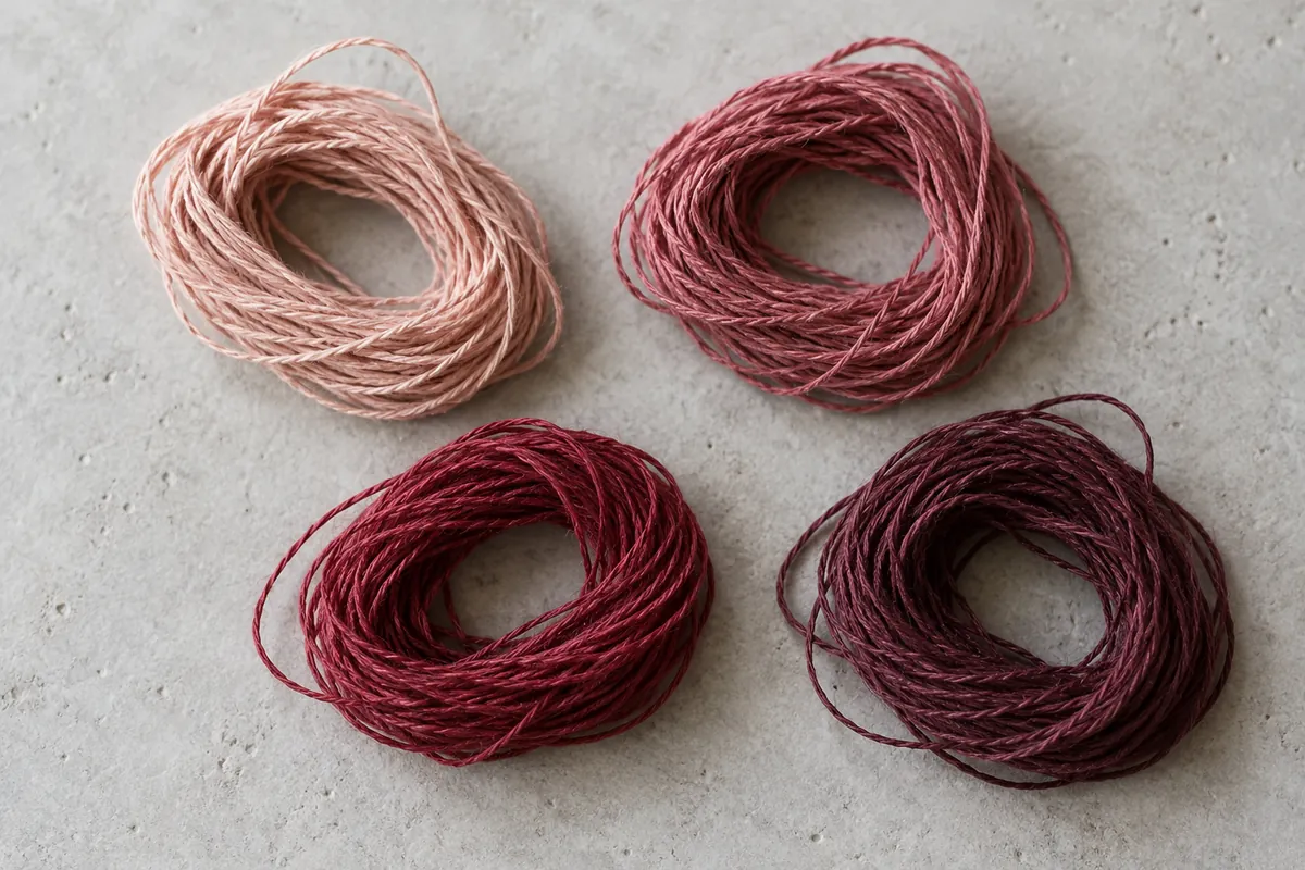 Ilustración del material: cuatro madejas de cordel en tonos rosados y rubí.