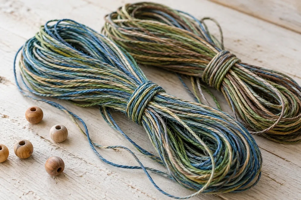 Ilustración del material: cordel multicolor junto a cuentas de madera.