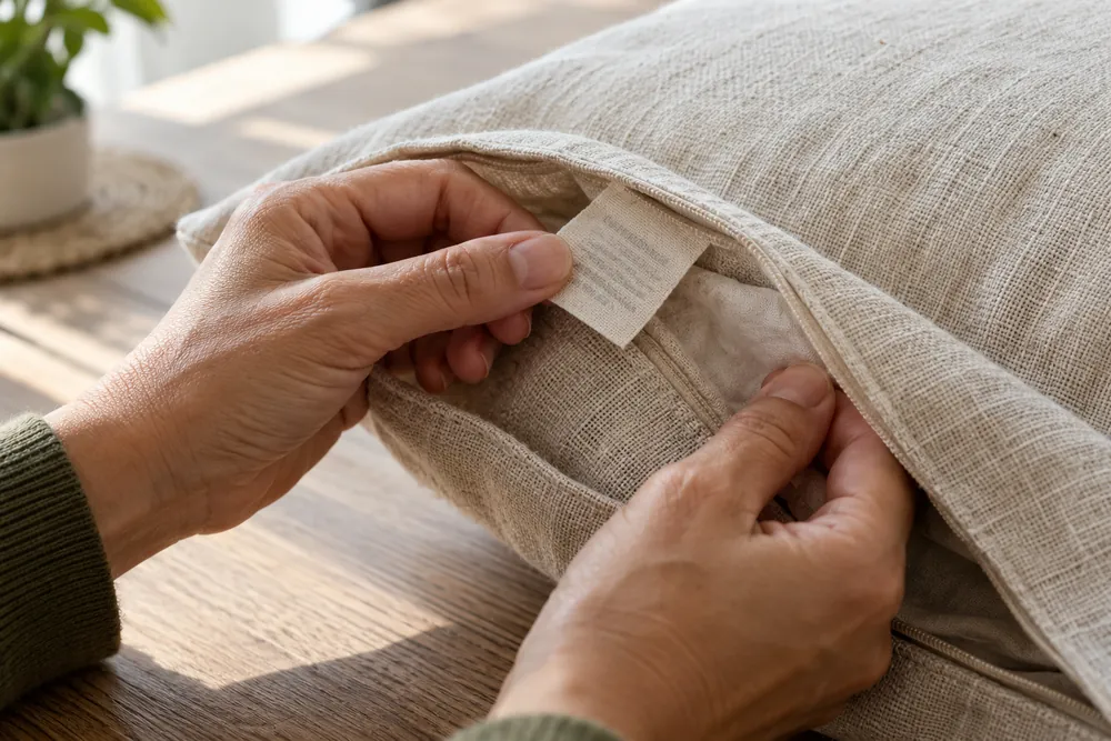 Unas manos revisan la etiqueta de una funda textil sin texto legible.