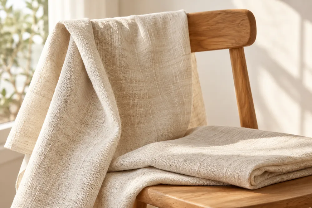 Ilustración del material: tejido claro liso sobre una silla de madera.