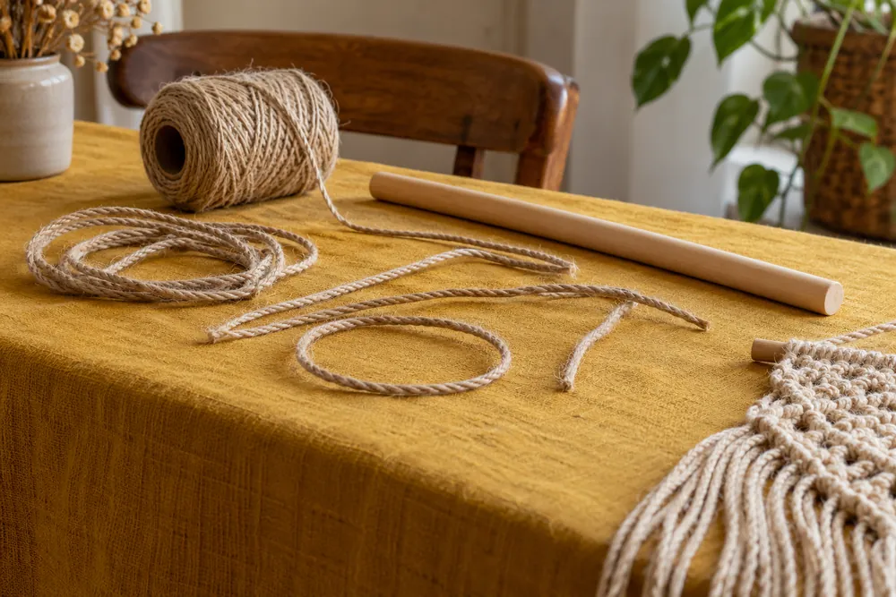 Cordeles y una varilla de madera preparados para practicar nudos.