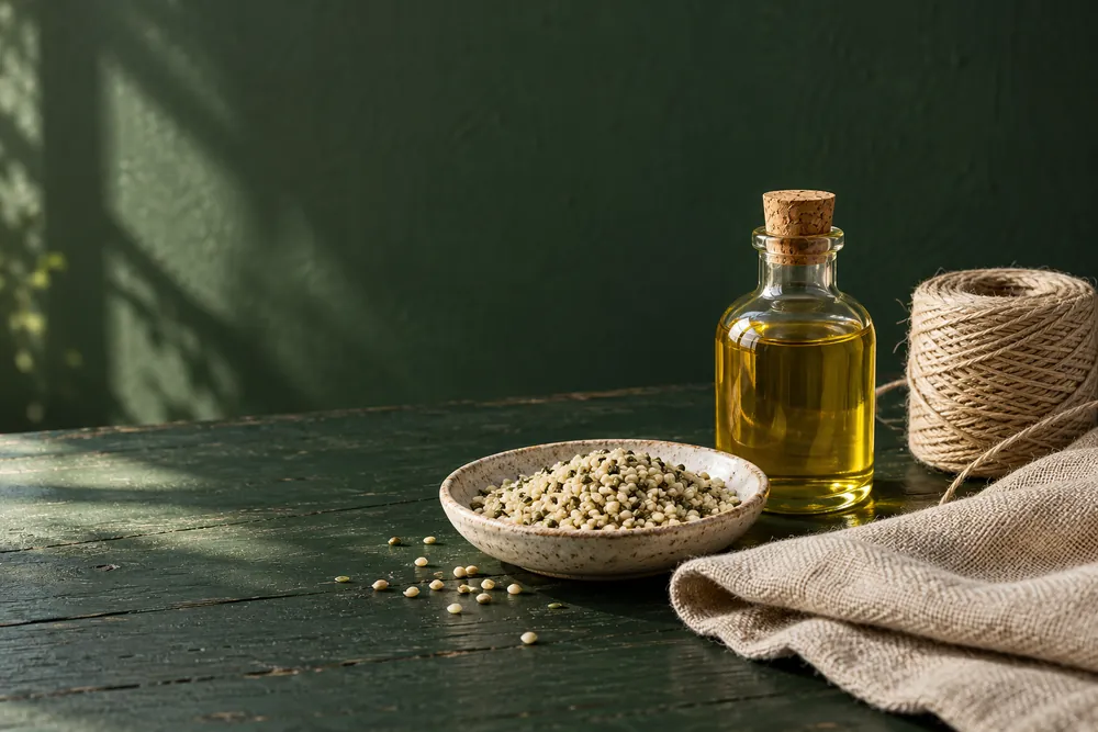 Semillas peladas, aceite y cordel de cáñamo sobre una mesa verde con luz natural
