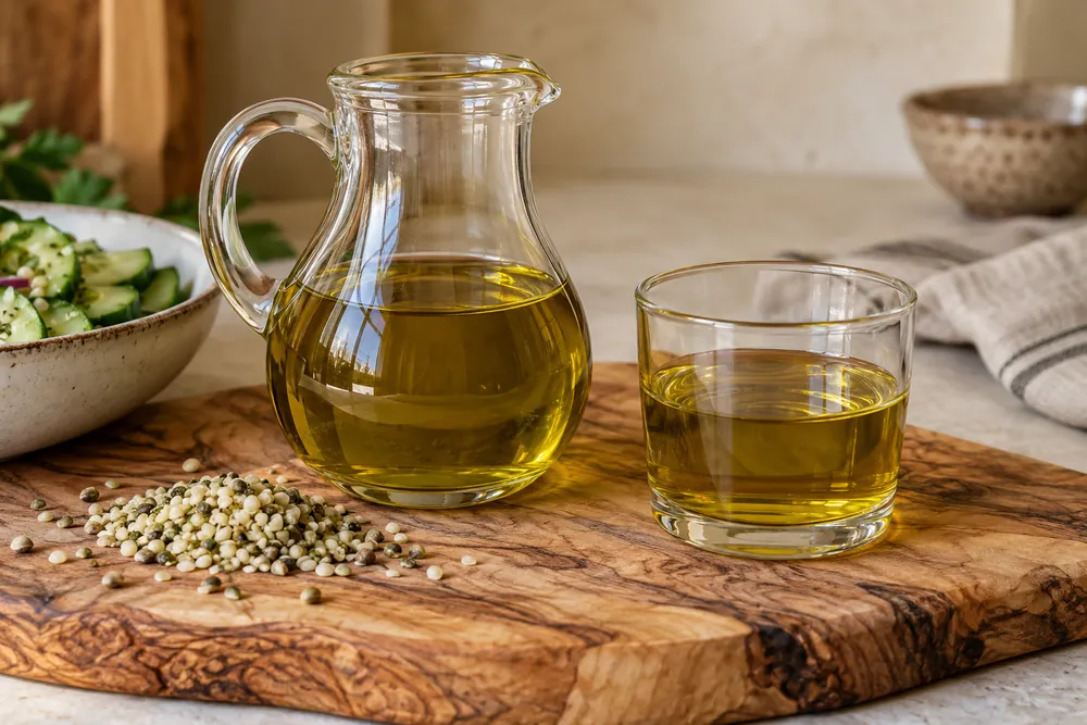Aceite de semillas en una jarrita de vidrio de cocina.