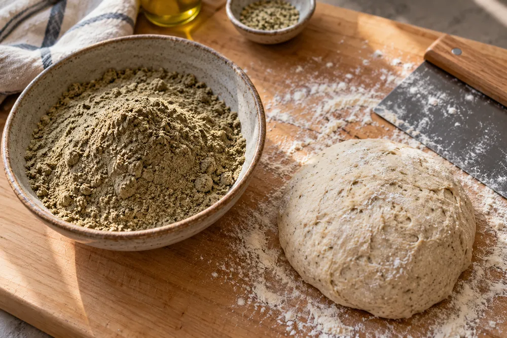 Ilustración del alimento: harina de cáñamo junto a una masa de pan.