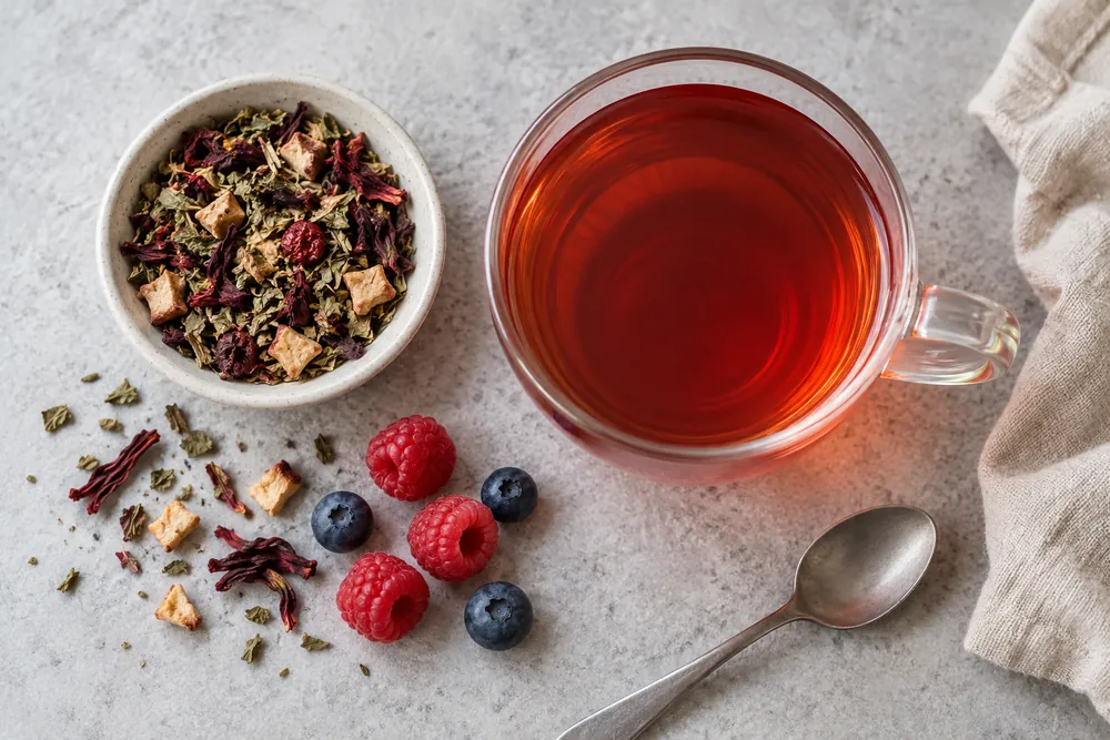 Infusión rojiza en taza de vidrio con una mezcla de hojas secas y frutos del bosque.