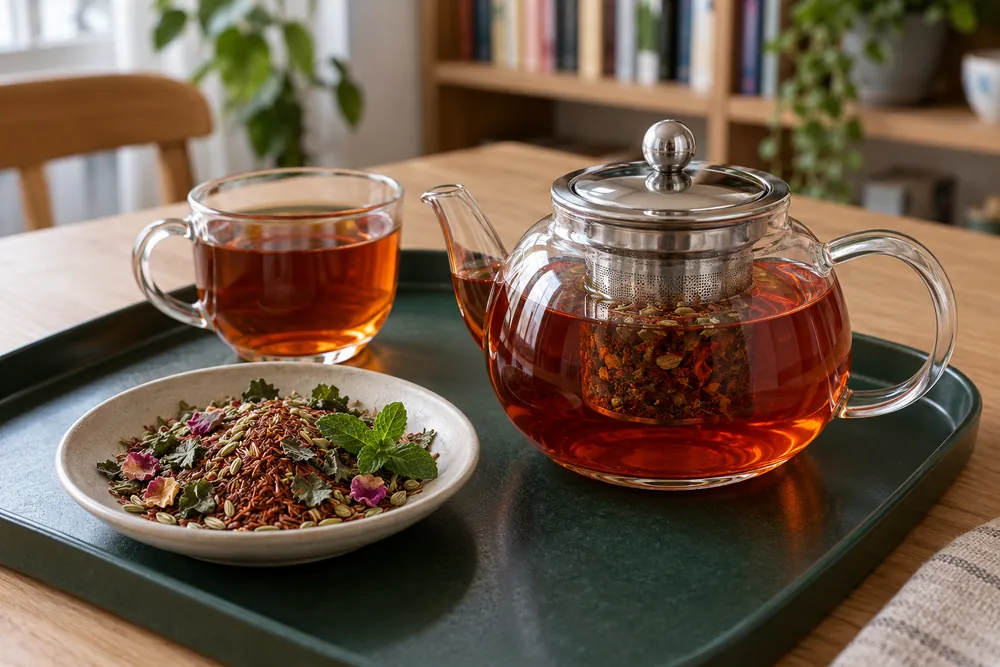 Tetera y taza de vidrio con una mezcla de rooibos, hojas secas, menta e hinojo.