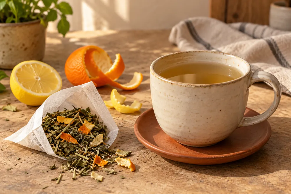 Taza de infusión junto a hojas secas, pieles de naranja y limón y un filtro de papel.