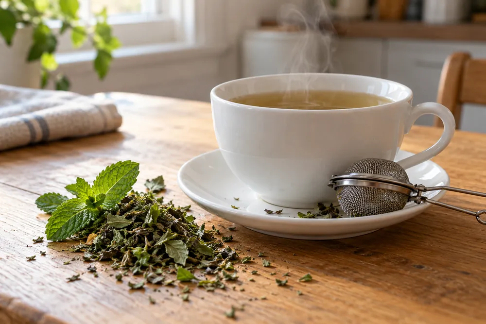 Taza de infusión con hojas secas y una ramita de menta junto al filtro.
