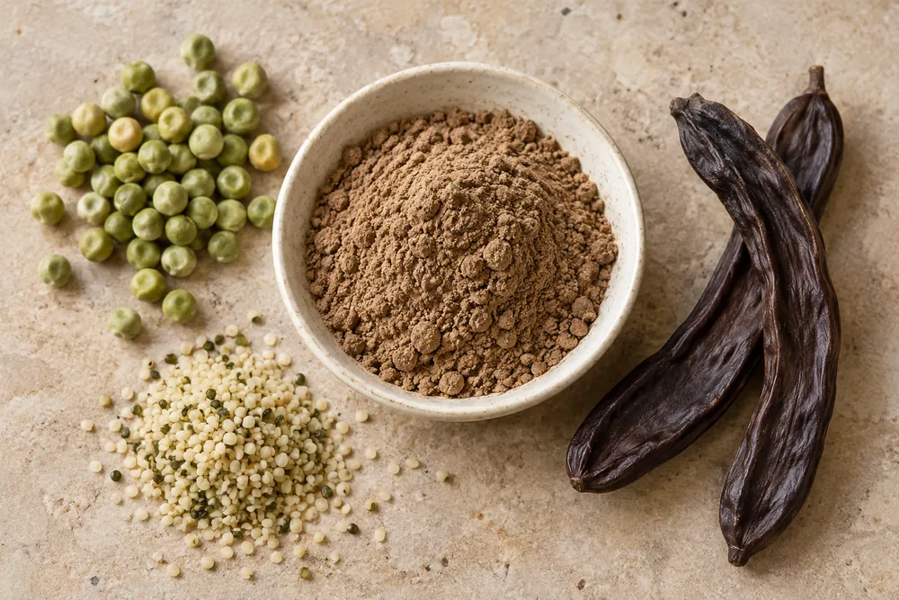 Mezcla en polvo con guisante, semillas de cáñamo y algarroba.