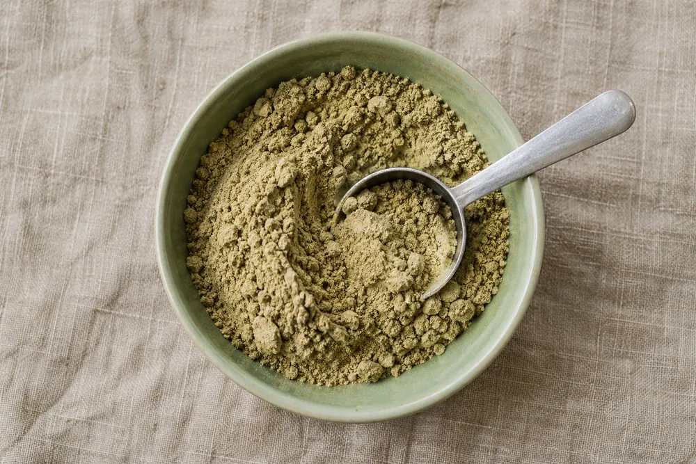 Cuenco verde con polvo de proteína de cáñamo y una medida.