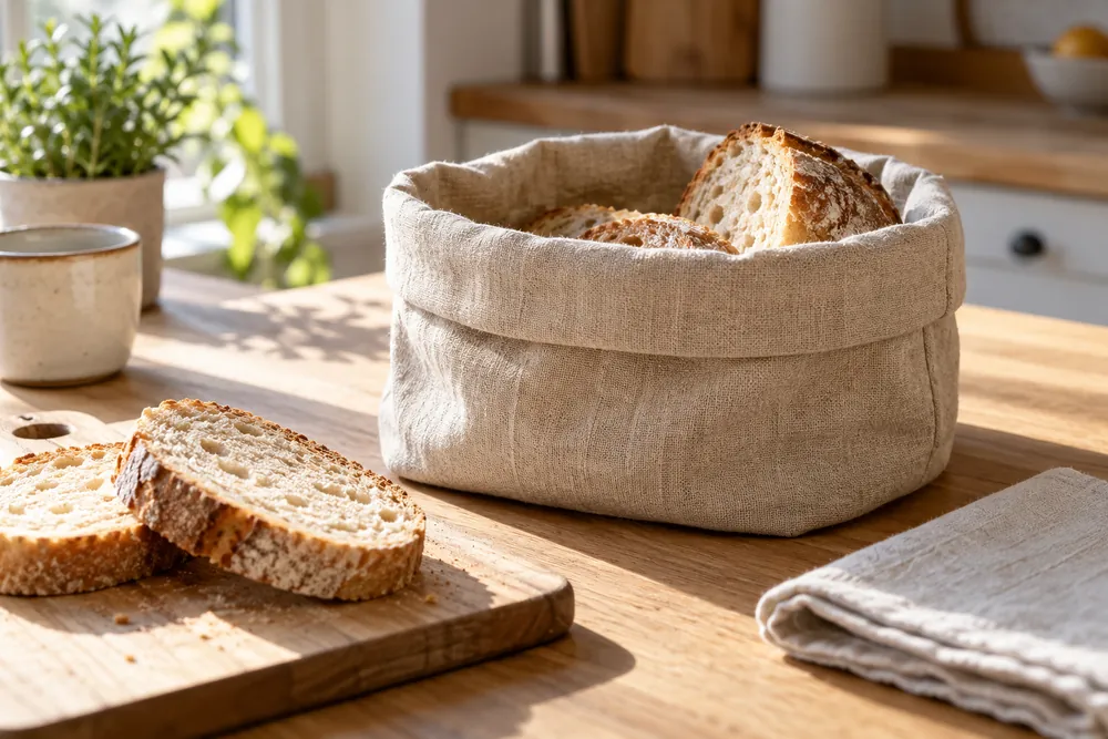 Escena ilustrativa de una panera textil genérica en una mesa de cocina.