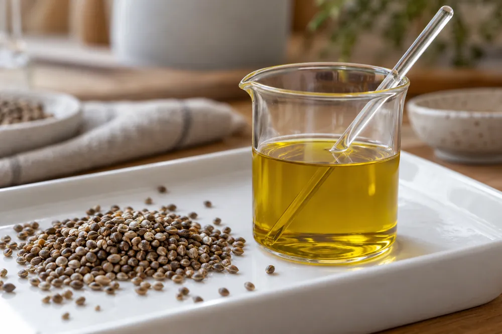 Materia prima oleosa en un vaso de vidrio para formulación.