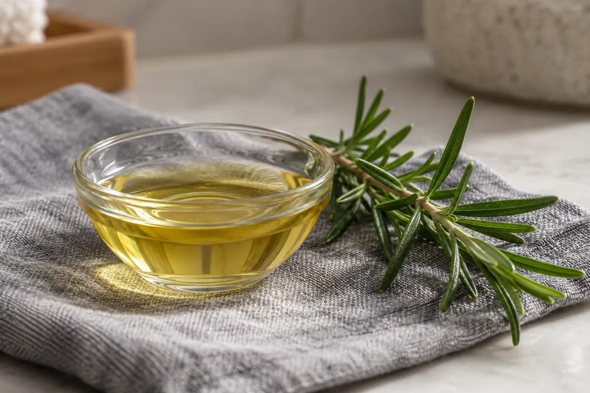 Aceite cosmético acompañado de una ramita de romero.