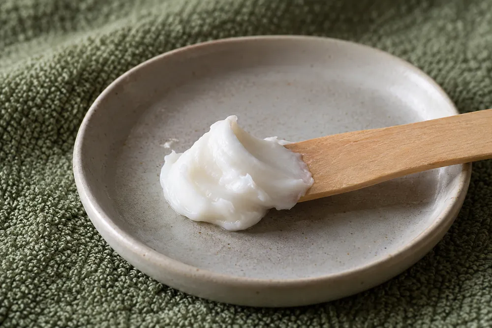 Textura de crema cosmética blanca en una espátula.