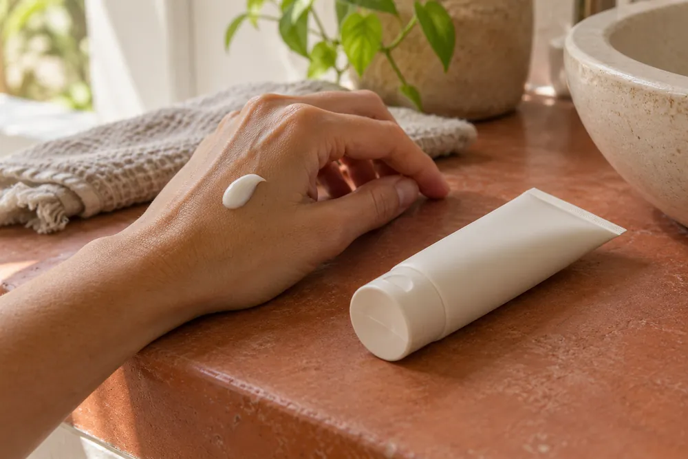 Ilustración de uso: crema blanca para manos junto a un tubo neutro sin marca.
