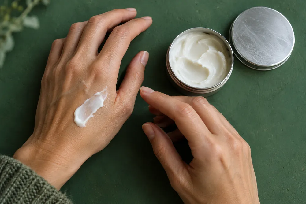 Ilustración de uso: textura de crema blanca en una lata neutra junto a unas manos.