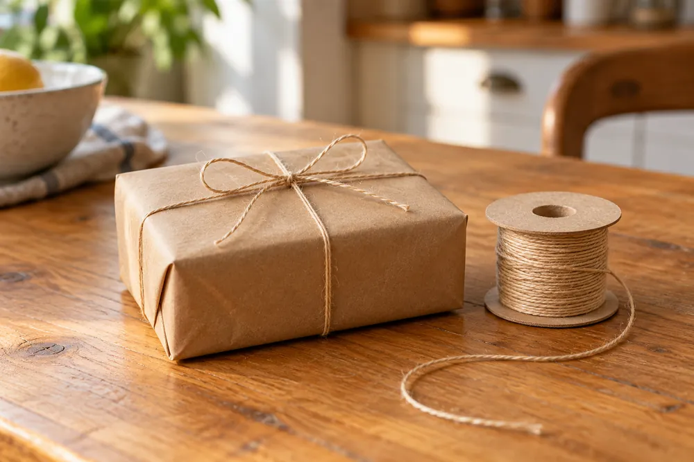 Escena editorial de cordel fino natural envolviendo un regalo de papel reciclado.
