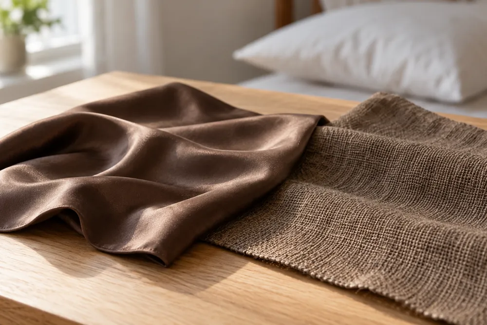 Ilustración editorial de dos muestras textiles genéricas, una de seda y otra de cáñamo, con una almohada desenfocada al fondo.