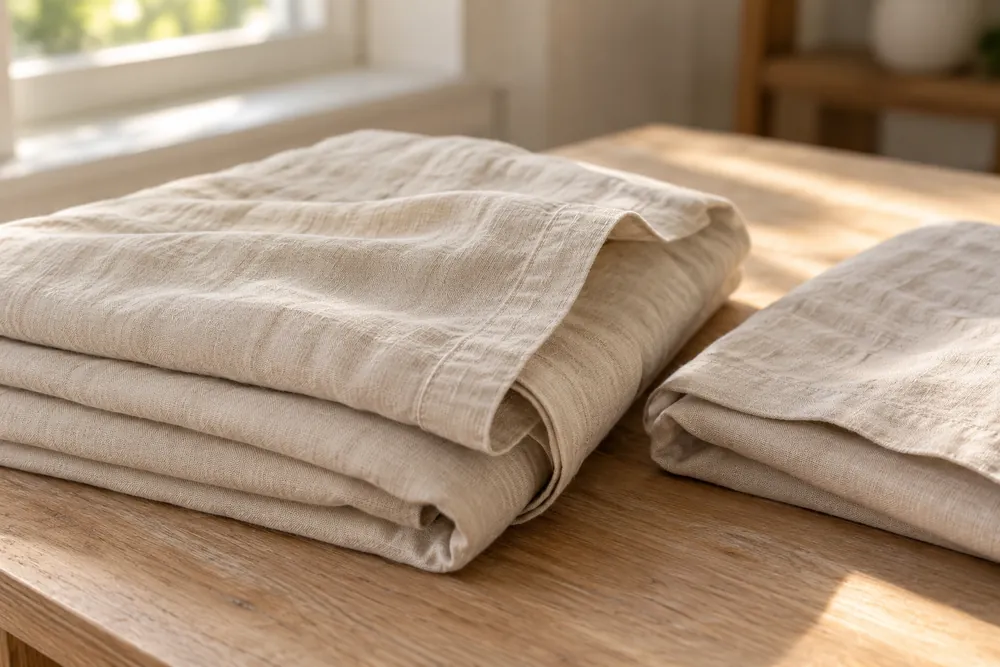 Sábana y funda de almohada dobladas con textura de fibra natural, como ilustración editorial del material.