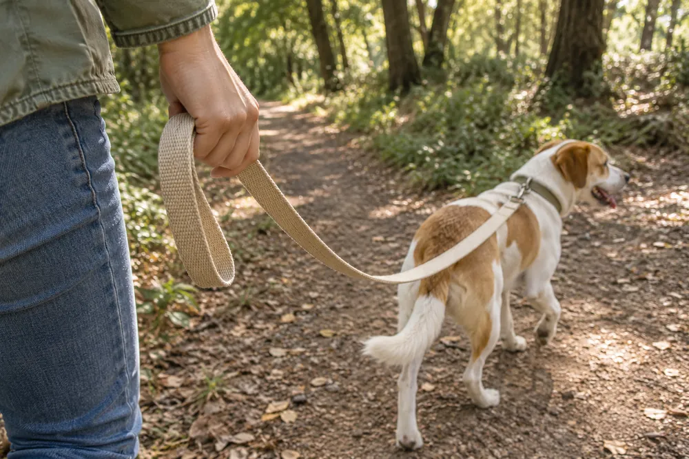 Ilustración editorial de una correa genérica de tejido durante un paseo con perro por un sendero arbolado.