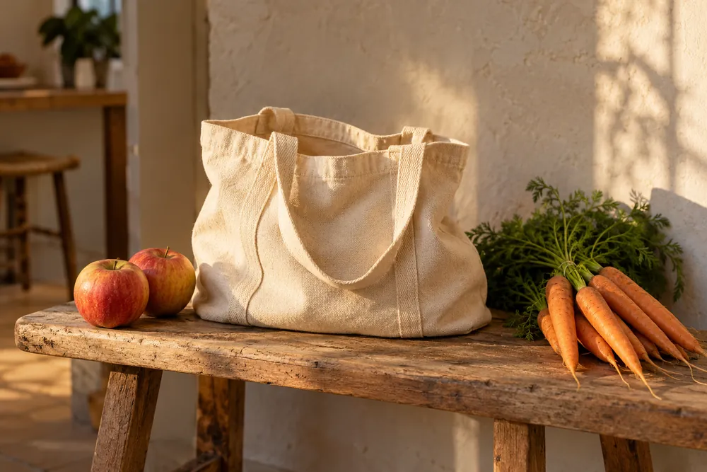 Escena editorial con una bolsa genérica de lona y verduras sobre un banco de cocina.