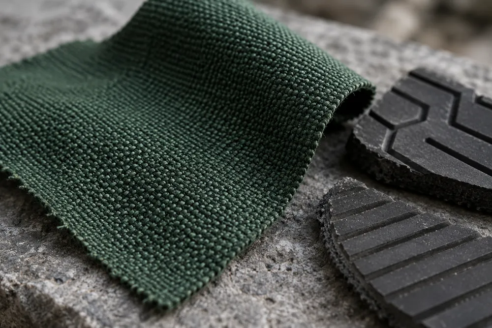 Escena editorial de tejido verde y goma, materiales genéricos para calzado.
