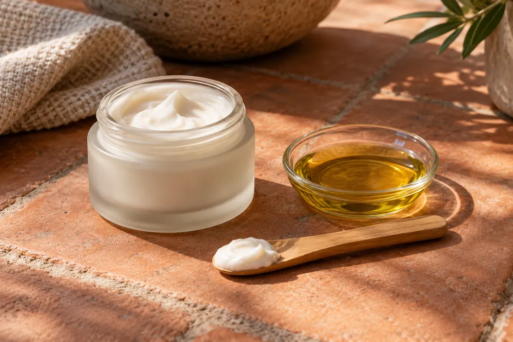 Muestras genéricas de crema y aceite para cuidado personal.