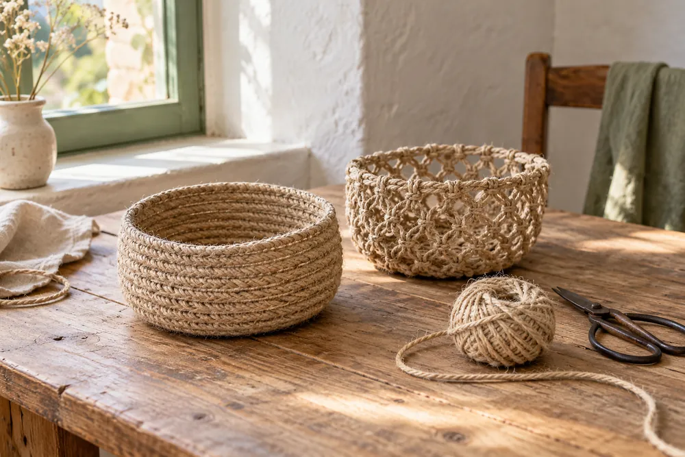 Escena ilustrativa de pequeñas cestas decorativas y cordón en una mesa artesanal.