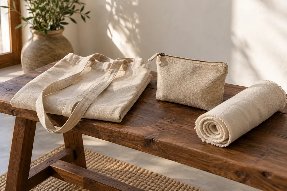 Bolsa, estuche y tejido liso como ejemplos de accesorios textiles.