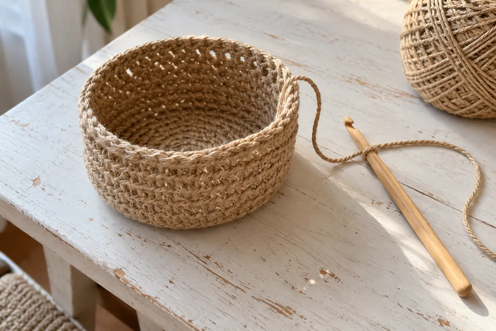 Una cesta pequeña de cáñamo a medio elaborar en una mesa de manualidades.