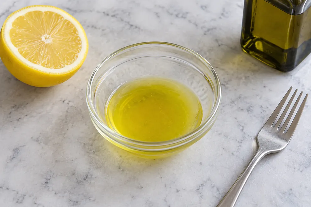 Aliño de limón y aceite de semillas en un pequeño cuenco, con un tenedor y medio limón